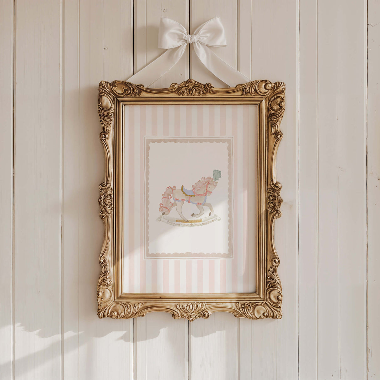 Pink striped nursery printable set featuring ballerina, bunny, and hot air balloon

