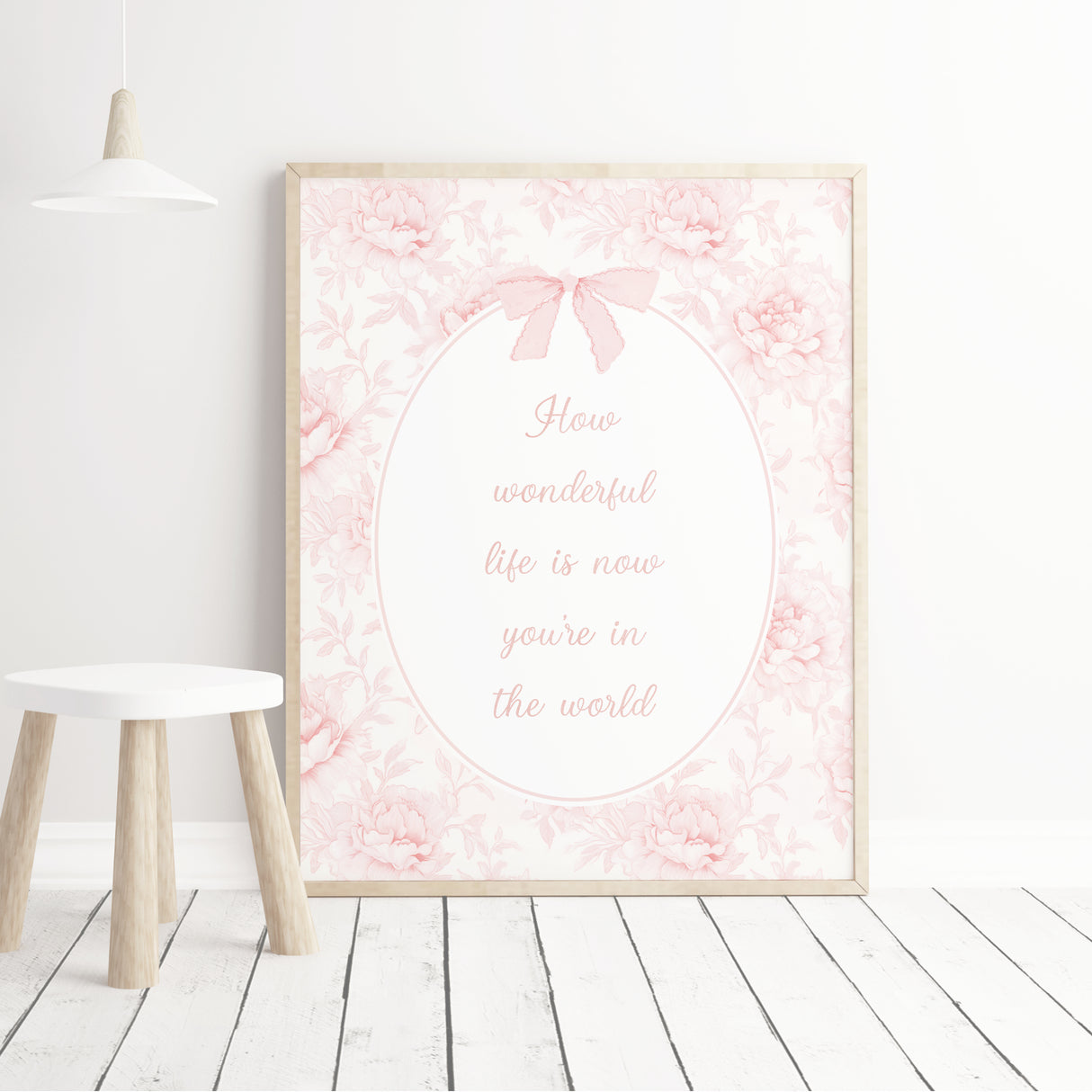 Romantic pink floral art print with bow and baby quote perfect for girl nursery printable.