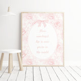 Romantic pink floral art print with bow and baby quote perfect for girl nursery printable.