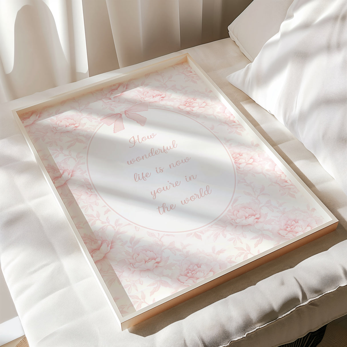 Soft pink baby girl printable wall art with inspirational newborn quote feminine floral design.