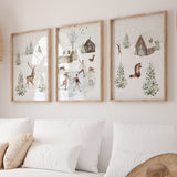 Winter landscape print with iceskating, fox, deer, houses, bunny, squirell and 
snowy landscape for christmas and winter wall decor.