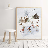 Watercolor ice skate print with houses, peoples, pinte tree, snow for neutral home decor.