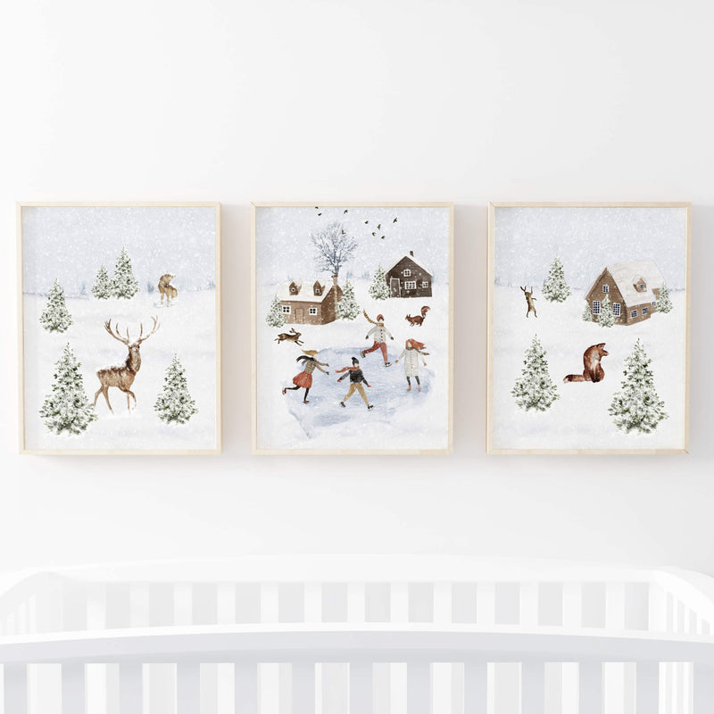Winter landscape poster with snowy landscape, deer, houses, fox, pine tree for christmas home decor.