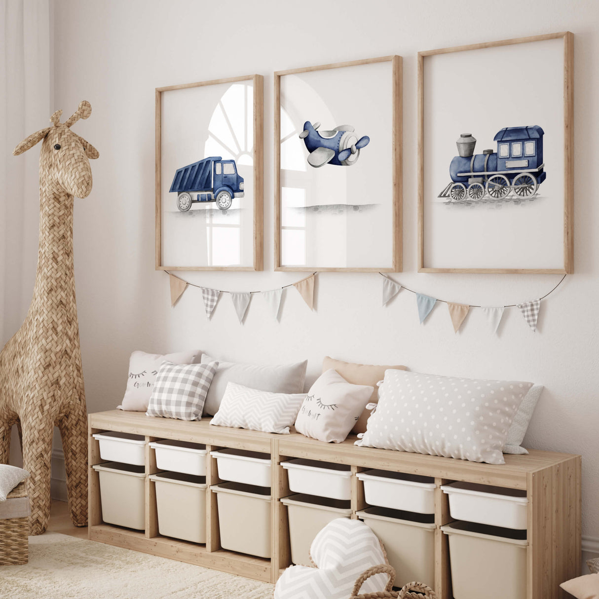 Boys nursery wall art with trucks tractors airplanes and construction vehicles
