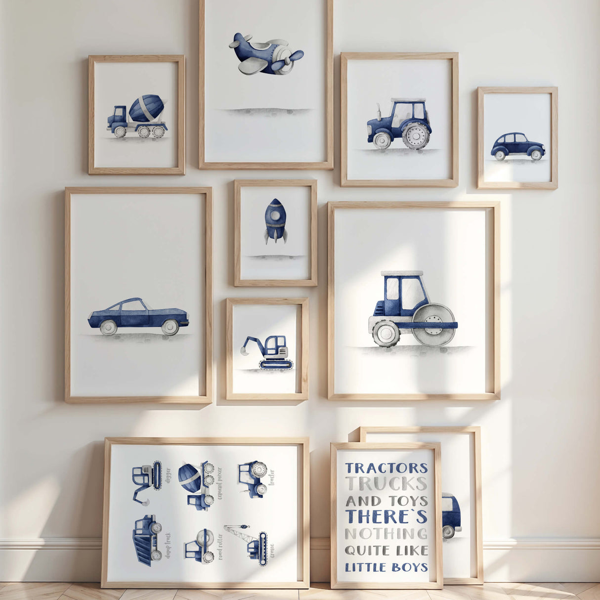 Navy blue construction vehicles nursery wall art printable for boys room