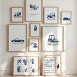Navy blue construction vehicles nursery wall art printable for boys room