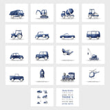 Construction vehicle nursery decor printable in navy and indigo blue tones