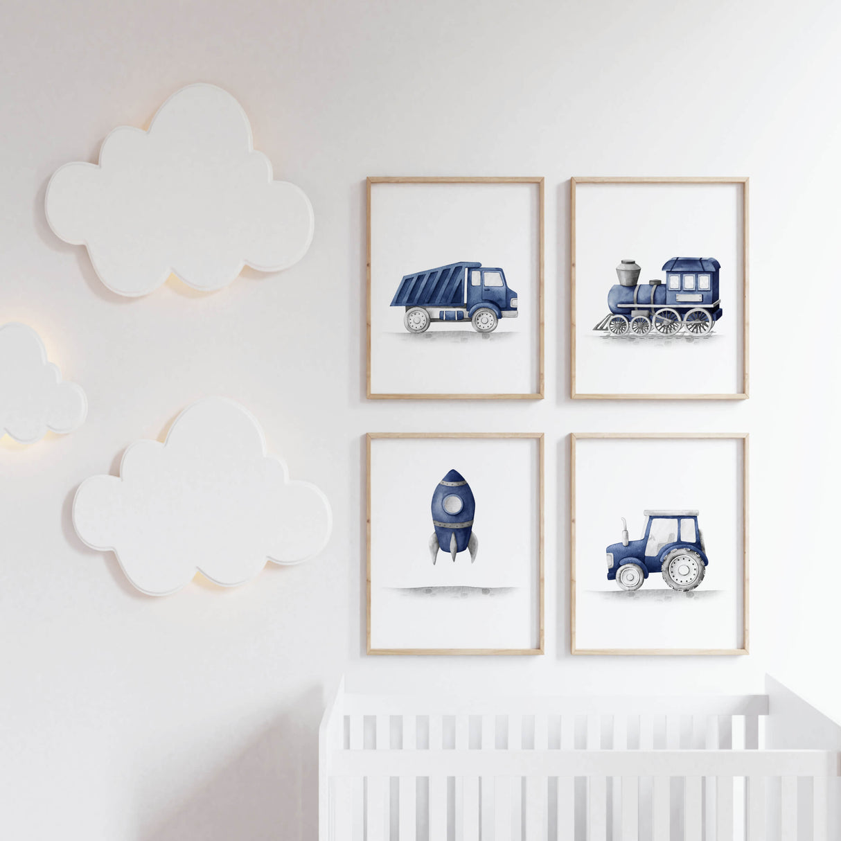 Minimal boys nursery printable wall art with vehicles and machinery theme