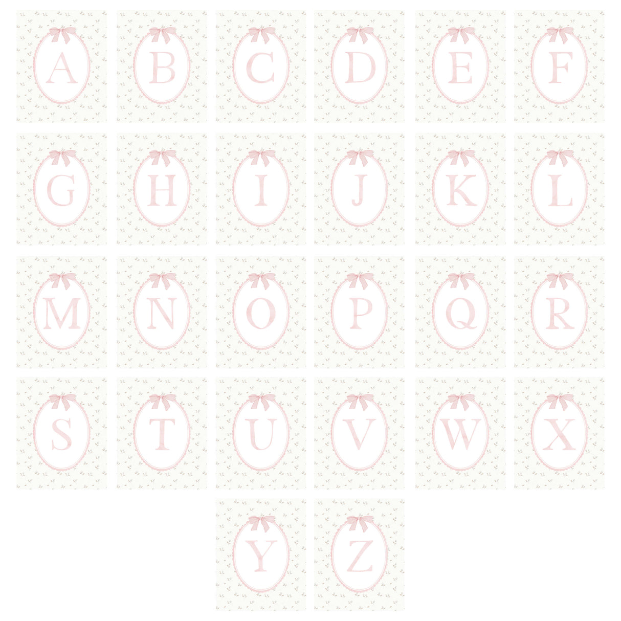 Baby girl nursery gallery wall printable with pink bow bunny swan and monogram letters