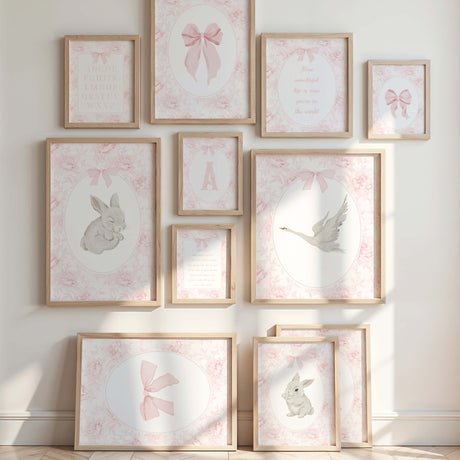 Pink nursery wall art printable with floral background bows bunnies swans and alphabet initial letters