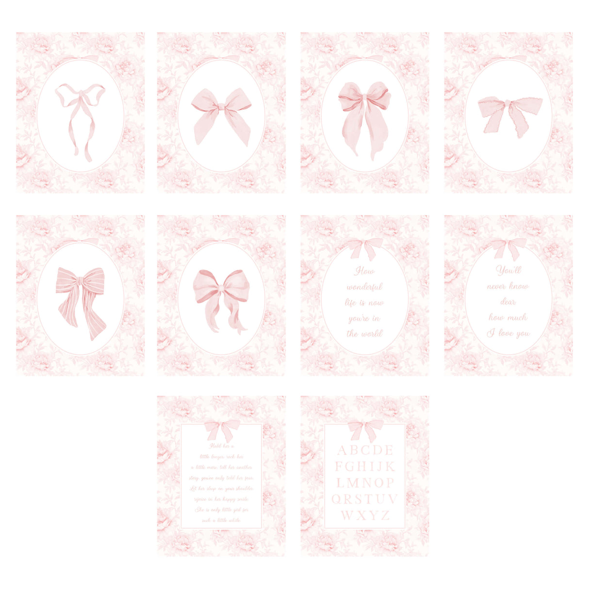 Vintage rose floral initial print with soft ribbon bow, nursery wall art