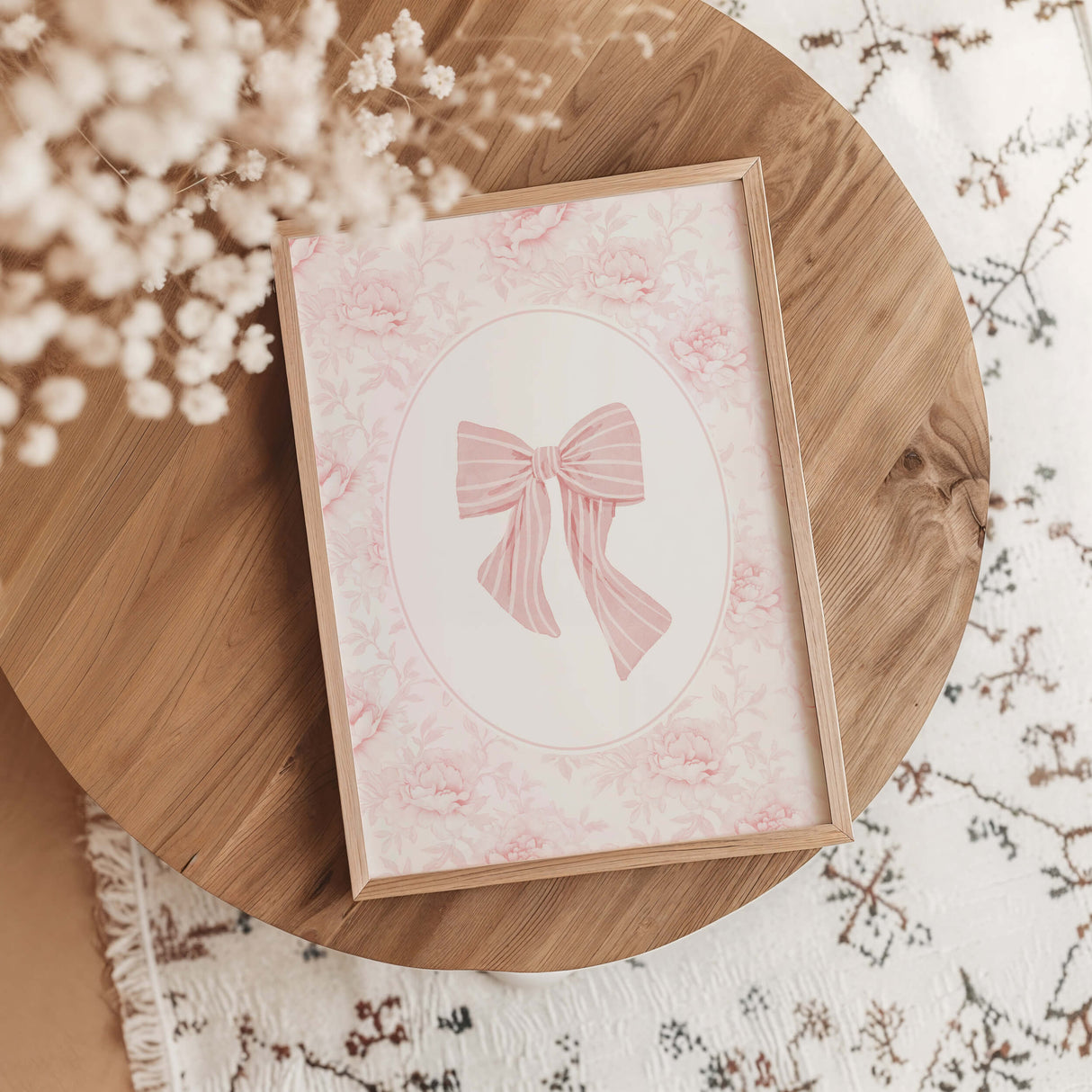 Pink bow wall art printable with floral background for baby girl nursery