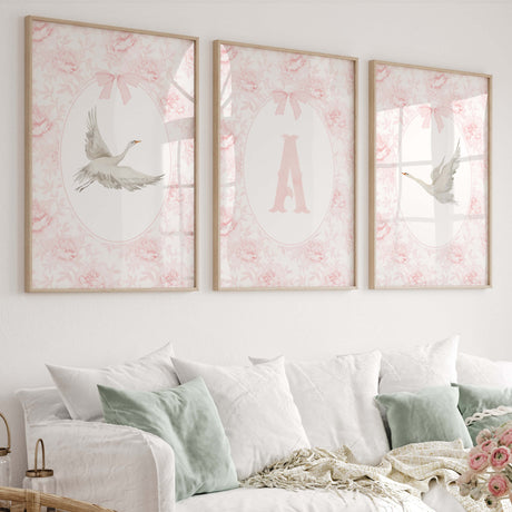 Pink swan nursery wall art printable with floral chinoiserie background and bow accents