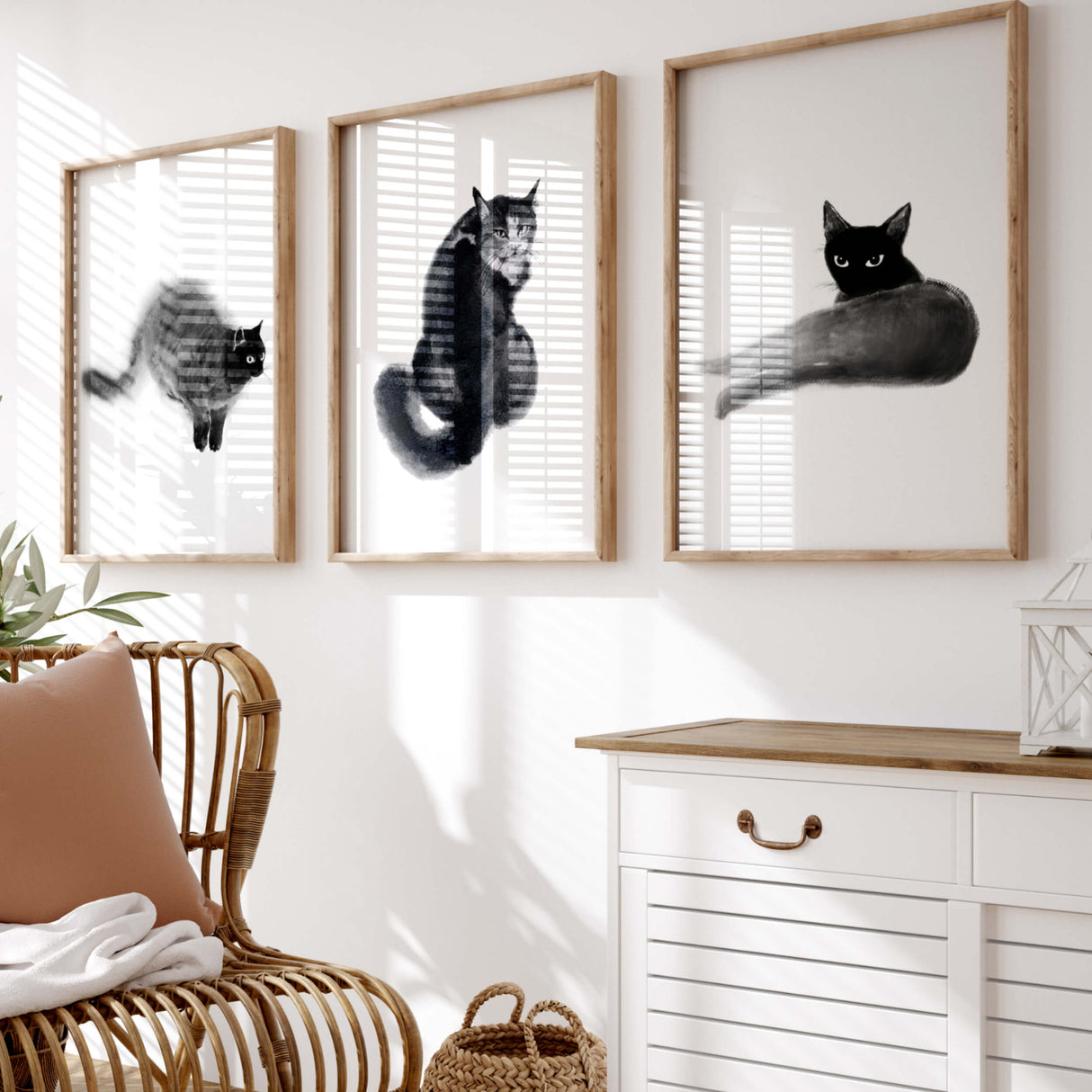 Abstract japandi black cat print for minimalist home decor, abstract home decor, japandi home decor, wabi sabi home decor, black and white home decor.