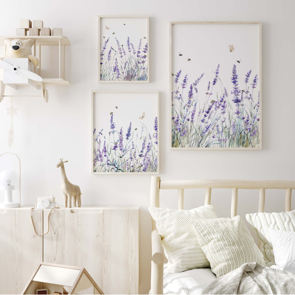 Purple wildflower print set featuring bees and butterflies for living room

