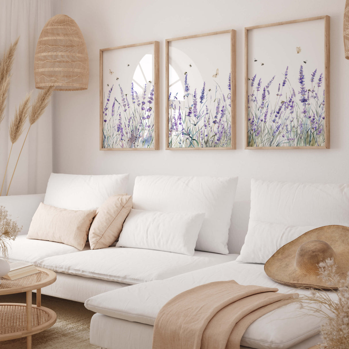 Lavender botanical printable artwork in triptych format

