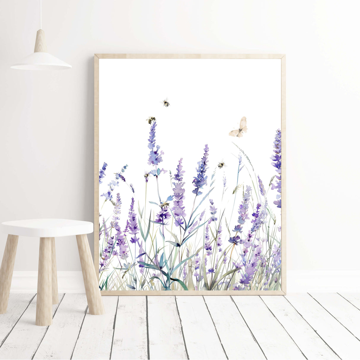 Watercolor lavender wall art with butterflies and wildflowers

