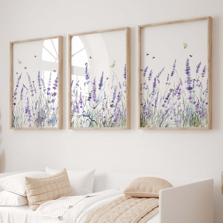 Lavender wildflower printable wall art set of 3 with bees and butterflies

