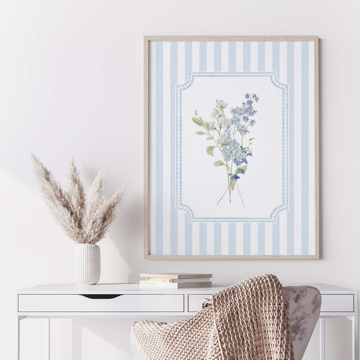 Elegant nursery wall decor printable with blue botanical illustrations

