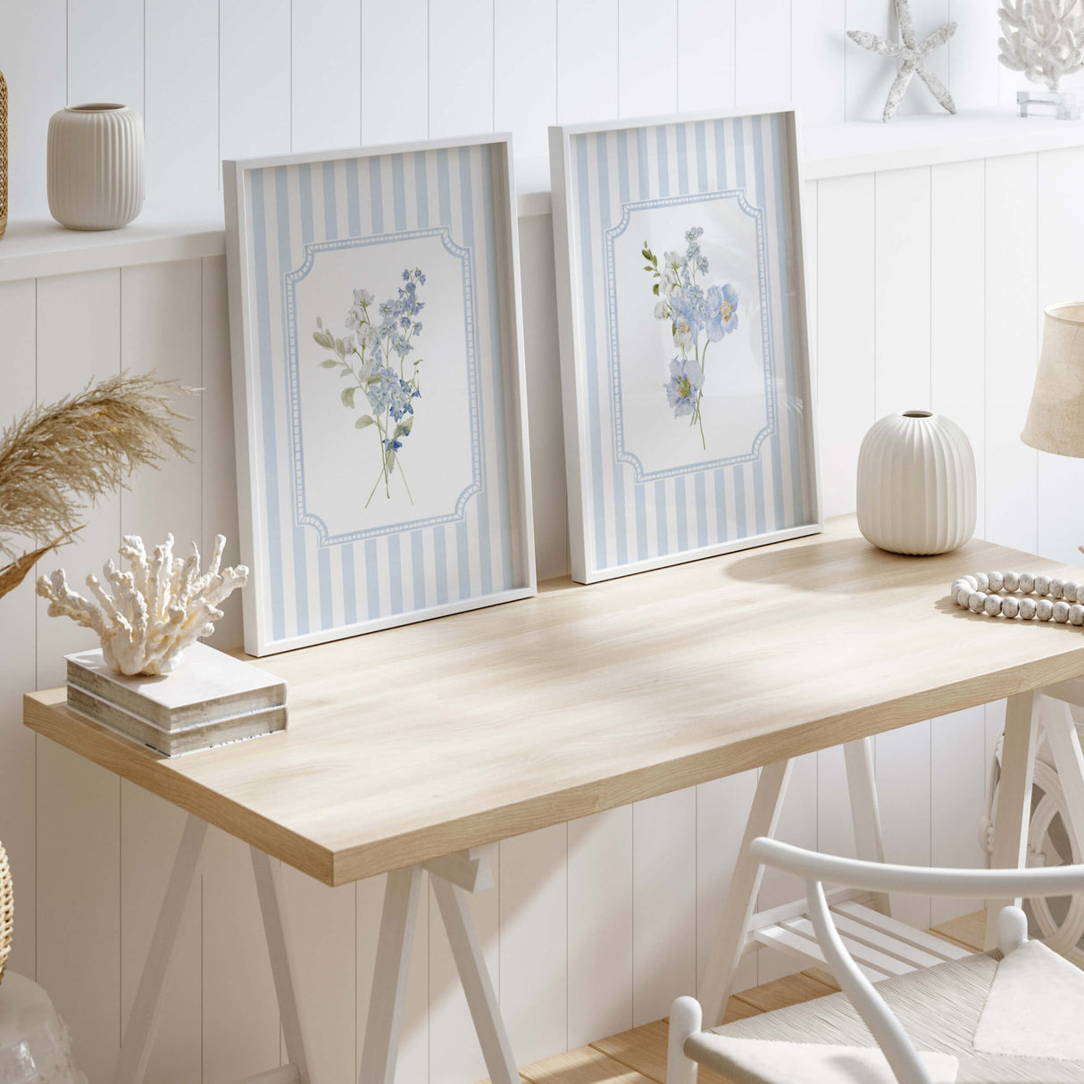 Hydrangea printable wall art trio in pastel blue and white style


