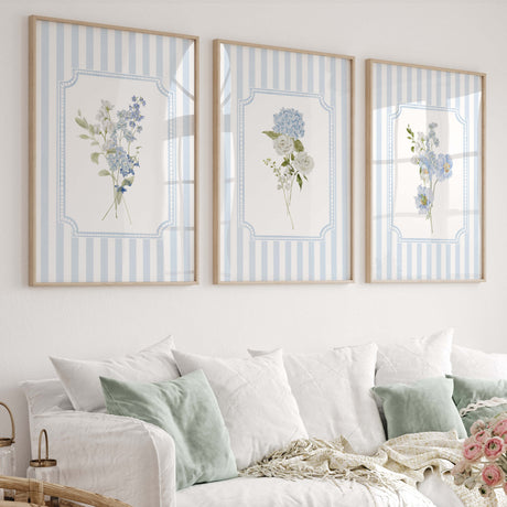 Printable baby boy room floral art with soft blue stripes

