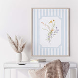 Printable floral nursery wall art in light blue stripe background and cottagecore style

