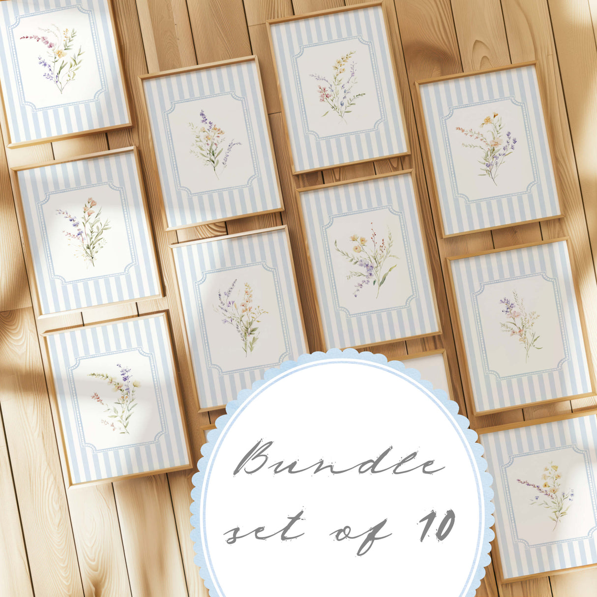 Watercolor wildflower printable art with pastel blue stripes for gender neutral kids room


