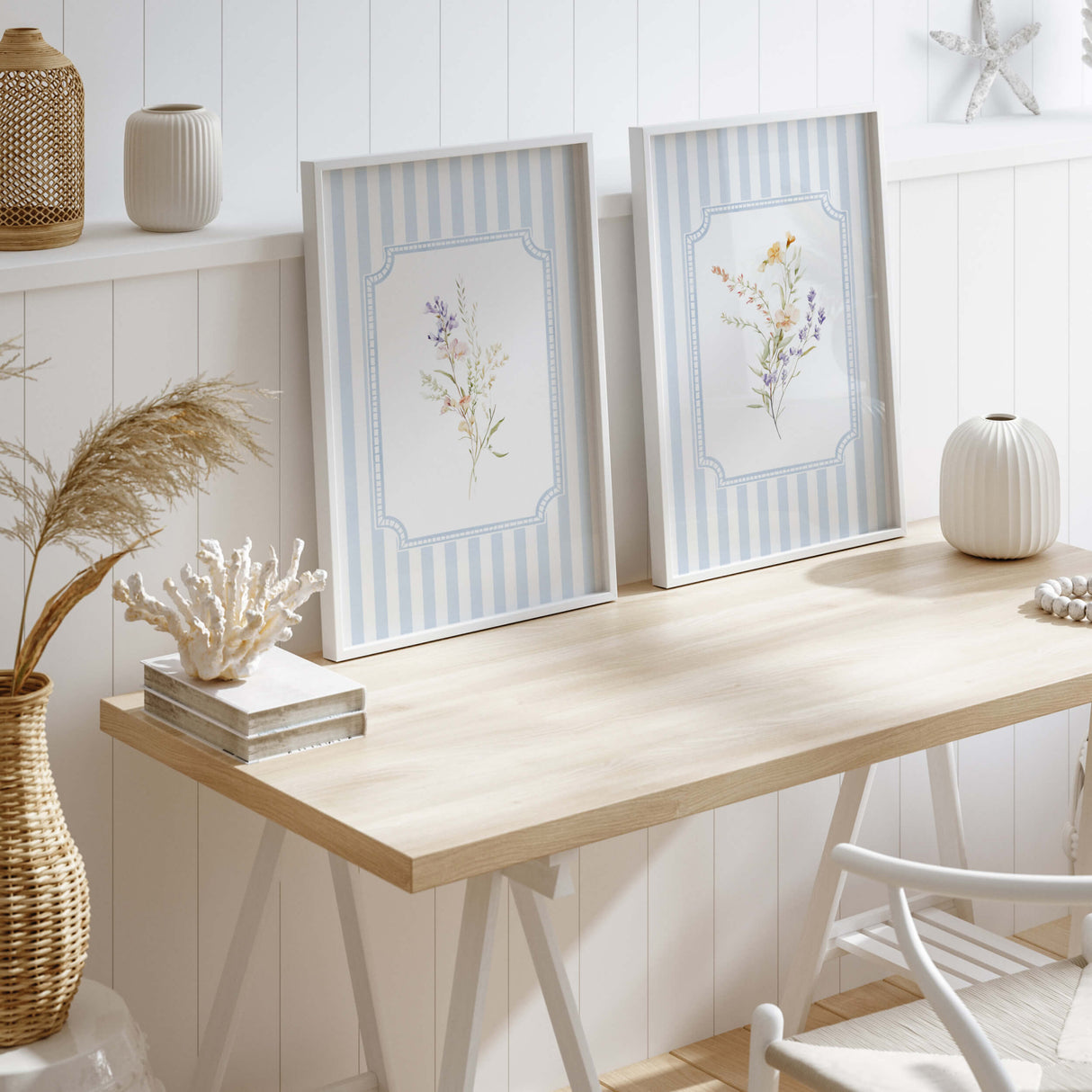Pastel botanical printables with striped frame design for baby boy or gender-neutral nursery

