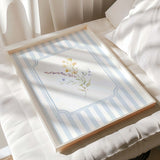 Blue striped flower wall art set with watercolor botanical elements in yellow and purple

