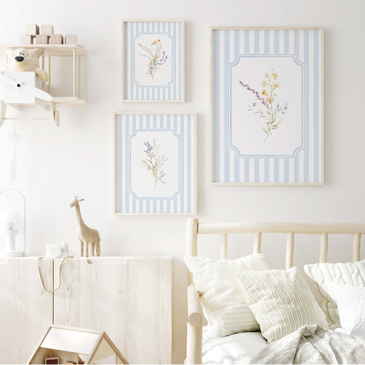 Soft botanical print set of 10 featuring watercolor wildflowers and light blue stripes

