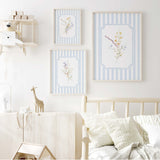 Soft botanical print set of 10 featuring watercolor wildflowers and light blue stripes

