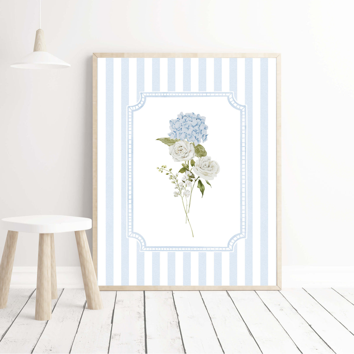 Digital floral art bundle with blue wildflowers and soft stripe frame

