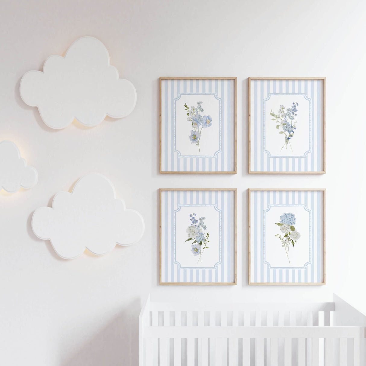 Blue hydrangea wall art printable set of 3 with light blue striped background

