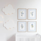Blue hydrangea wall art printable set of 3 with light blue striped background

