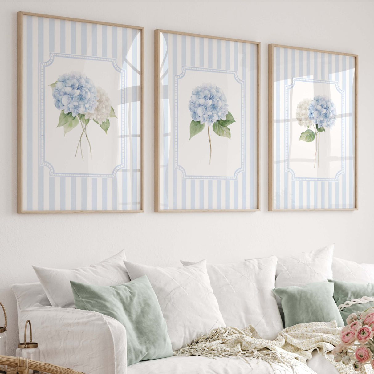 Elegant blue and white hydrangea botanical wall prints for instant download.

