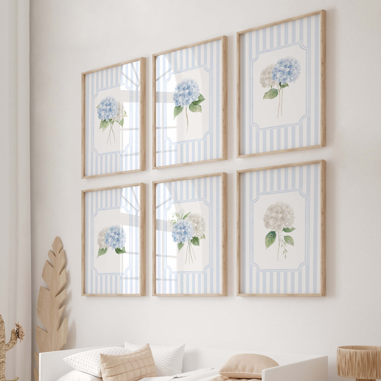 Light blue stripe floral print bundle featuring watercolor hydrangeas.


