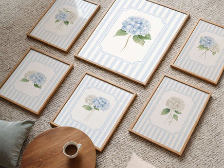 Blue and white hydrangea wall art set of 6 digital prints with light blue striped borders.

