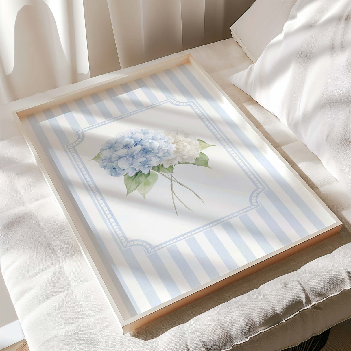 6 printable floral art pieces with vertical light blue stripe background frames.


