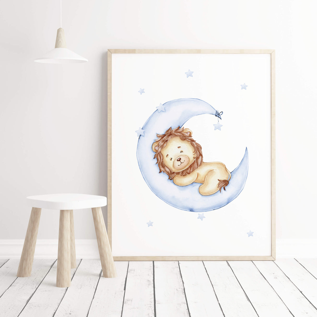 Watercolor lion on the moon print in light blue, brown, beige colors for baby boys room decor, toddler room decor.