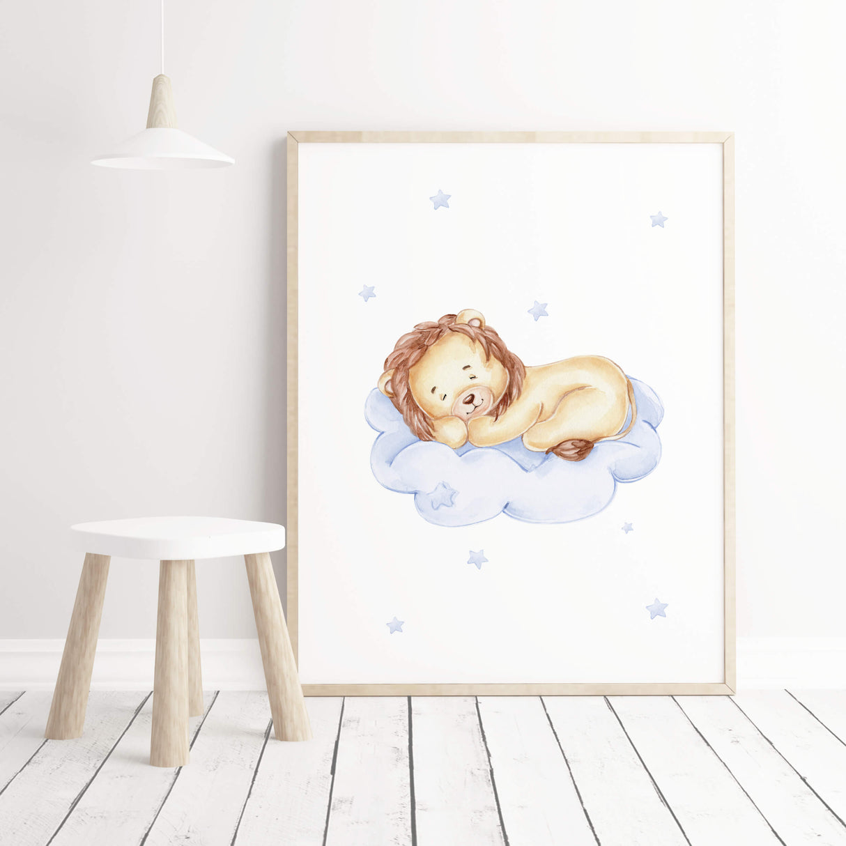 Watercolor lion on cloud print in light blue, brown, beige colors for baby boys room decor, toddler room decor.