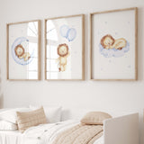 Watercolor lion print in light blue, brown, beige colors with cloud, moon, and balloon for baby boys room decor, toddler room decor.