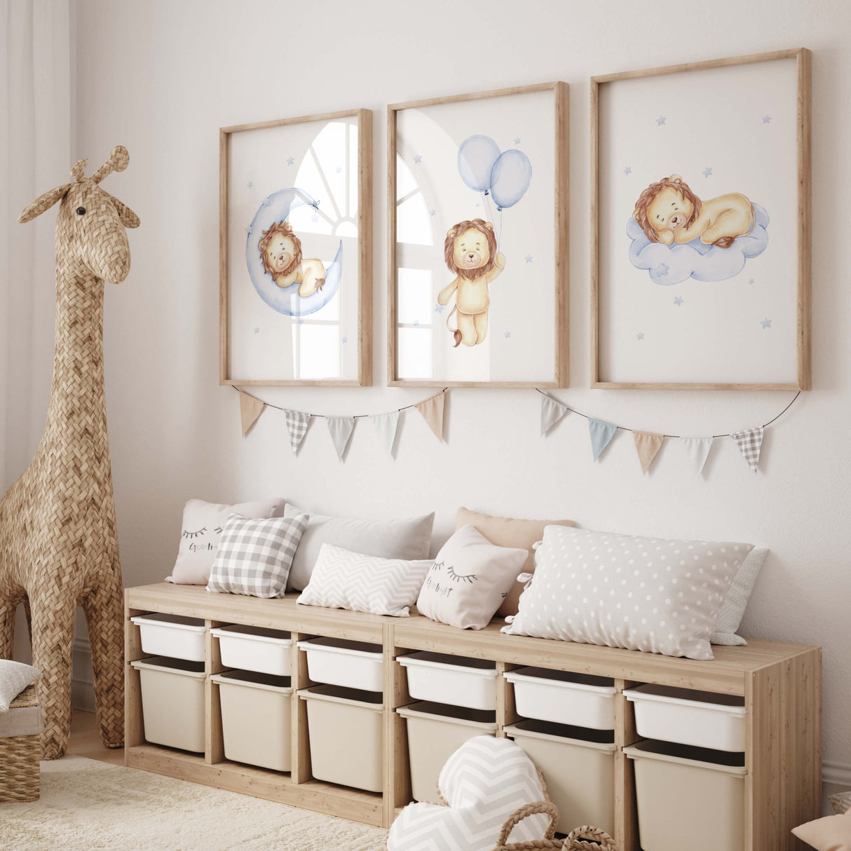 Watercolor lion poster in light blue, brown, beige colors with cloud, moon, and balloon for baby boys room decor, toddler room decor.