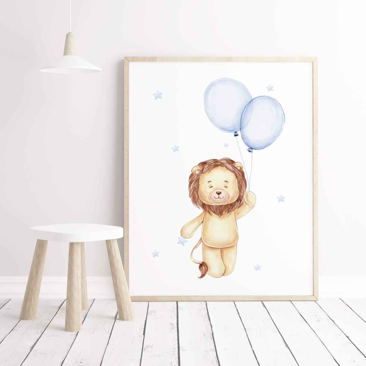 Watercolor lion with balloons print in light blue, brown, beige colors for baby boys room decor, toddler room decor.