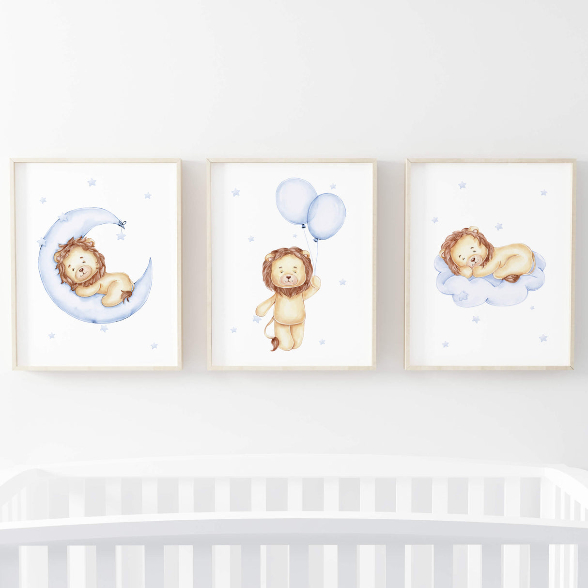 Watercolor lion print in light blue, brown, beige colors with cloud, moon, and balloon for baby boys room decor, toddler room decor.