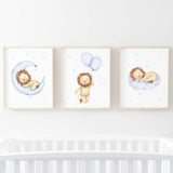 Watercolor lion print in light blue, brown, beige colors with cloud, moon, and balloon for baby boys room decor, toddler room decor.