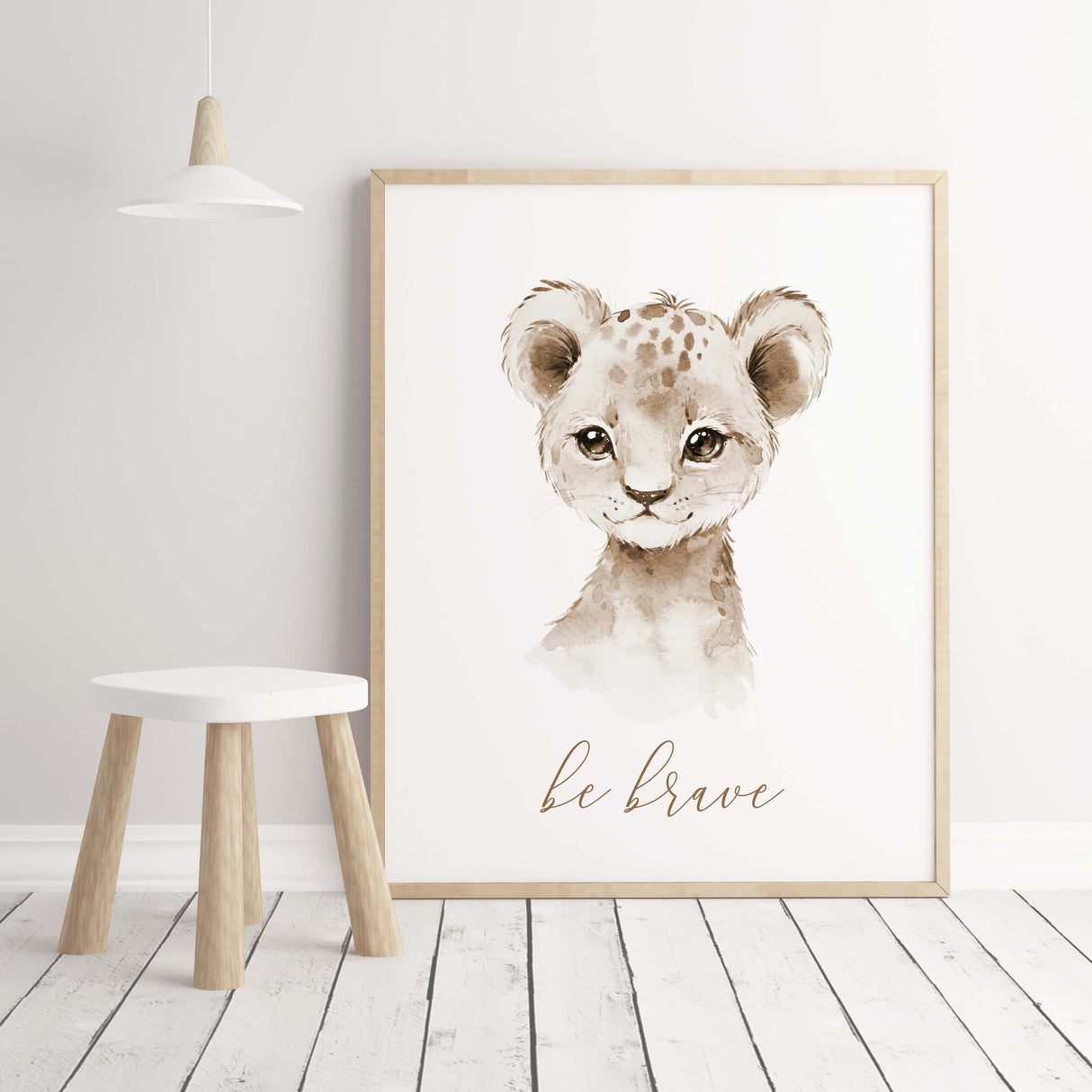 Watercolor lion print with be brave inspirational quote in brown, beige colors for gender neutral nursery decor, boho nursery decor, beige brown nursery decor, boho nursery decor.