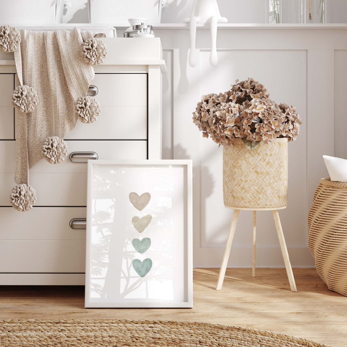 Watercolor boho nursery print with hearts in mint blue, brown and beige colors for gender neutral  nursery decor and kids decor, baby boys room decor, baby girls room decor, boho nursery decor.