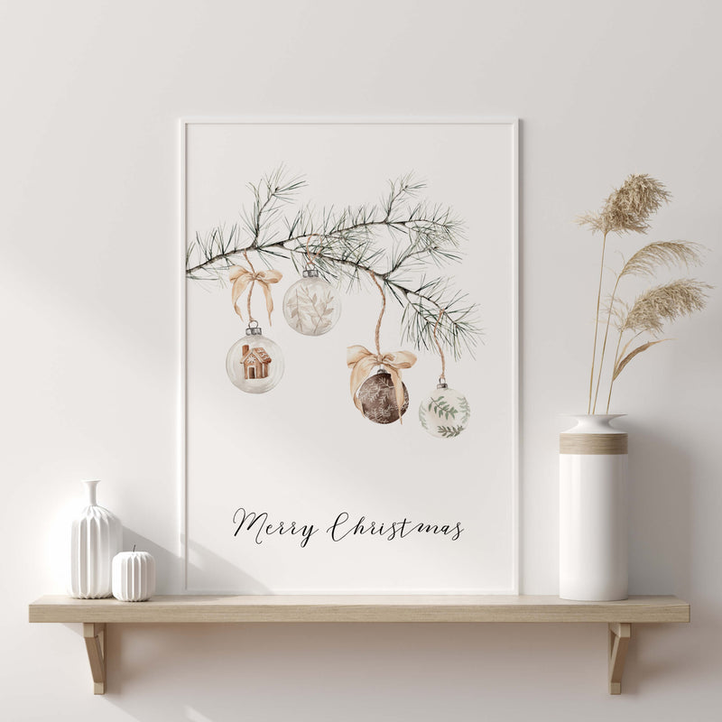 Watercolor pine branch with christmas balls and Merry Christmas quote printable in sage green, beige, brown colors for christmas neutral home decor and beige home decor.