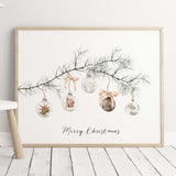 Merry Christmas Print - Pine Branch with Christmas Balls - Christmas Decor - Winter Decor - Horizontal