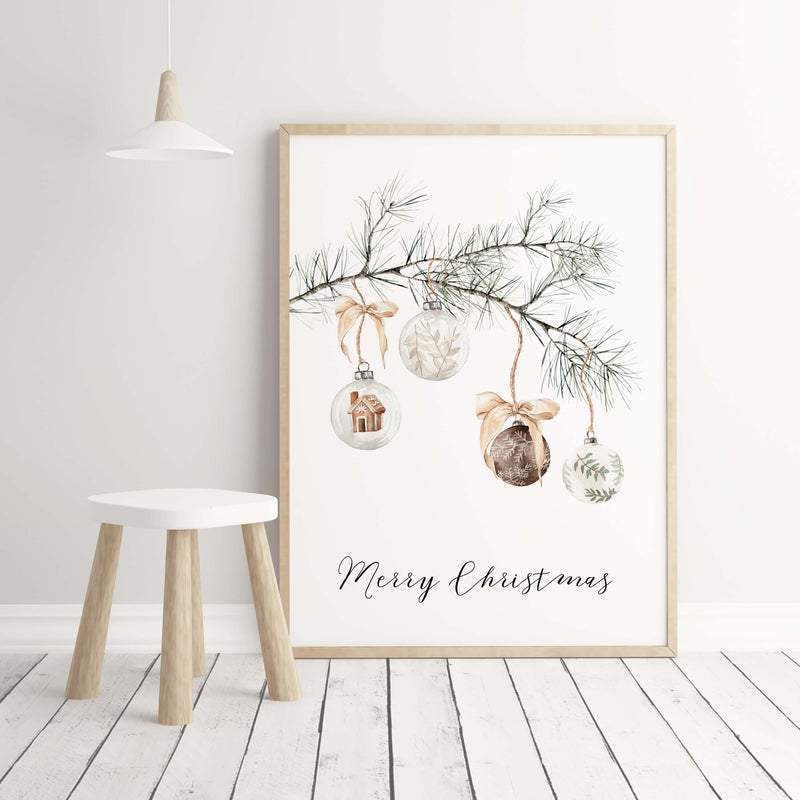 Watercolor pine branch with christmas balls and Merry Christmas quote print in sage green, beige, brown colors for christmas neutral home decor and beige home decor.